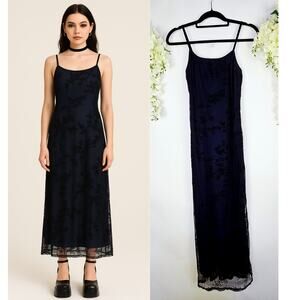 Y2K Navy Blue Black Velvet Burnout Mesh Floral Maxi Slip Dress Medium Whimsigoth